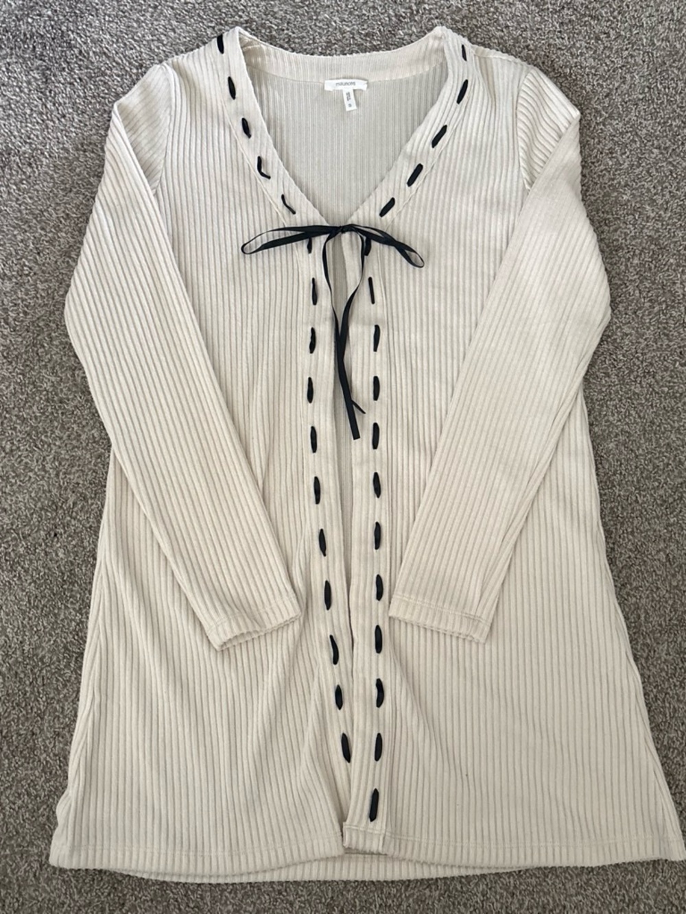 Maurices Cream Ribbed V-Neck Sweater with Black Ribbon Trim